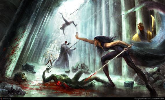 assasin-woman-killing-ghouls-in-temple