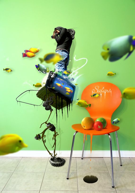 chair fruits photograpger tv fish