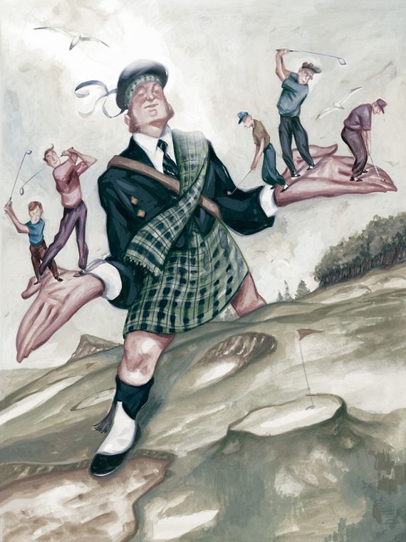 giant scotsman holding golf players in palms
