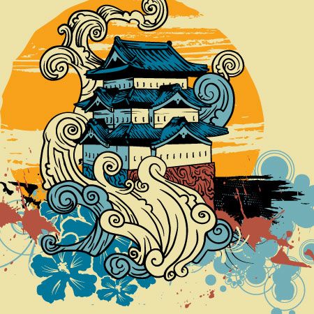 Japanese tee graphics vector with old temple