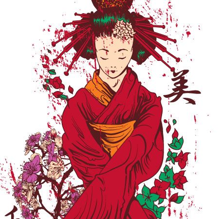 Vector T-Shirt Design with Geisha and cherry blossom