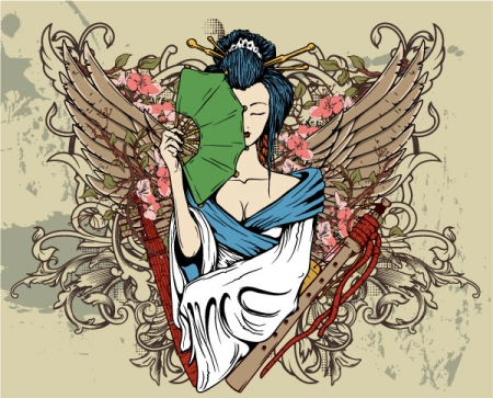 geisha with wings and floral vector background
