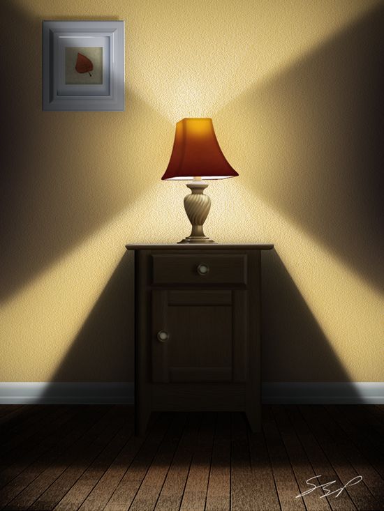 a Still-Life Lamp, Nightstand, and Picture Frame