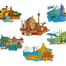 Antalya, Bangkok, Dubai, Hong Kong, Istanbul and Kuala Lumpur – Famous Cities Vector Pack 1