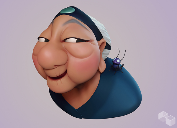 cartoon of an old lady with a bug on her shoulders