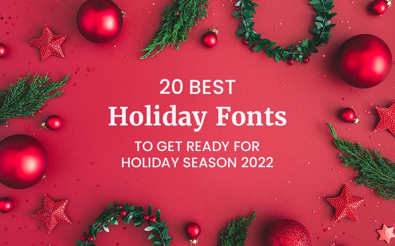 A beautiful red christmas background with stars and decoration items with the text 20 best holiday fonts