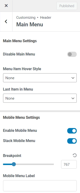 Navigation Menu Settings