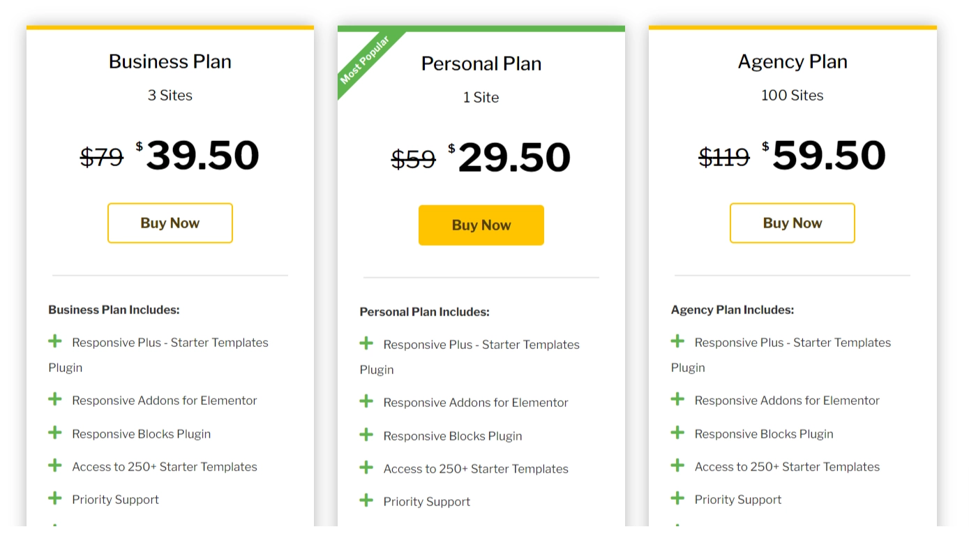 Responsive theme pricing plans