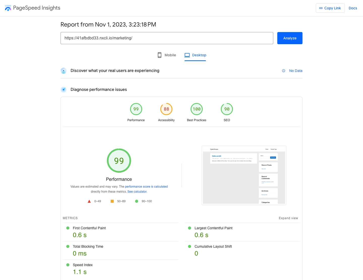 pagespeed insights results on desktop