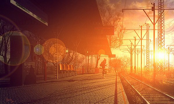 an Illustration showing sunset on a train platform