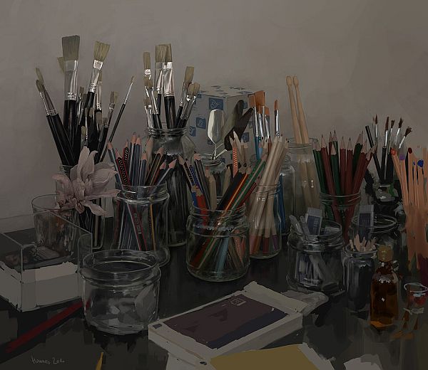 An illustration showing a table full of jars with paintbrushes