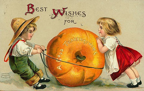 Drawing of two children playing with a pumpkin