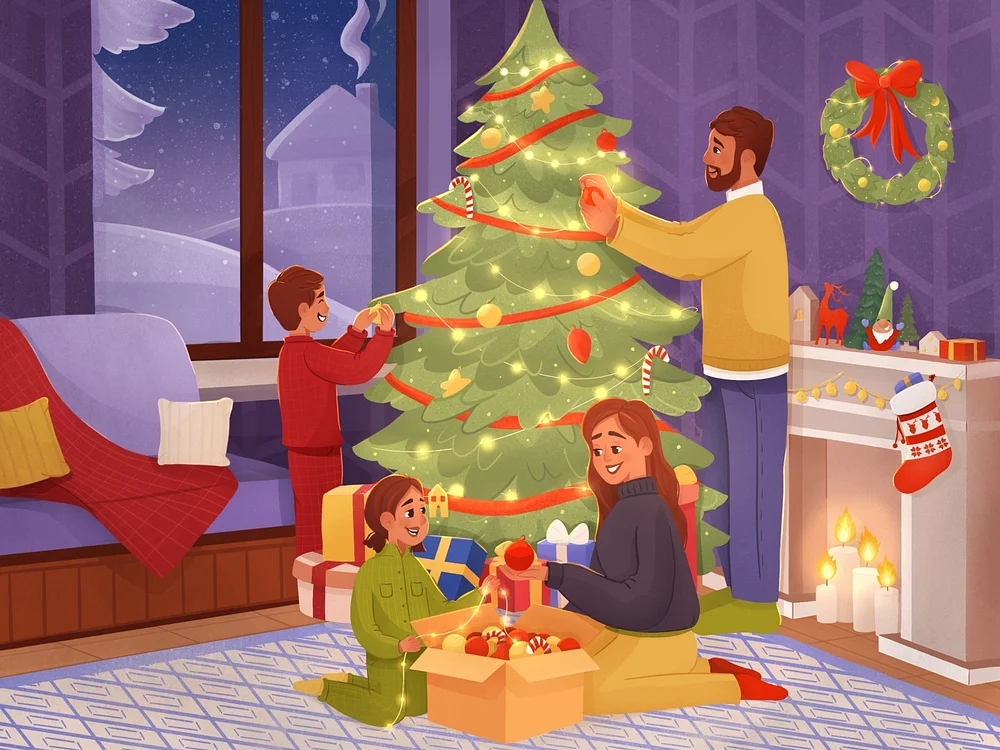 illustration of a family decorating a Xmas tree