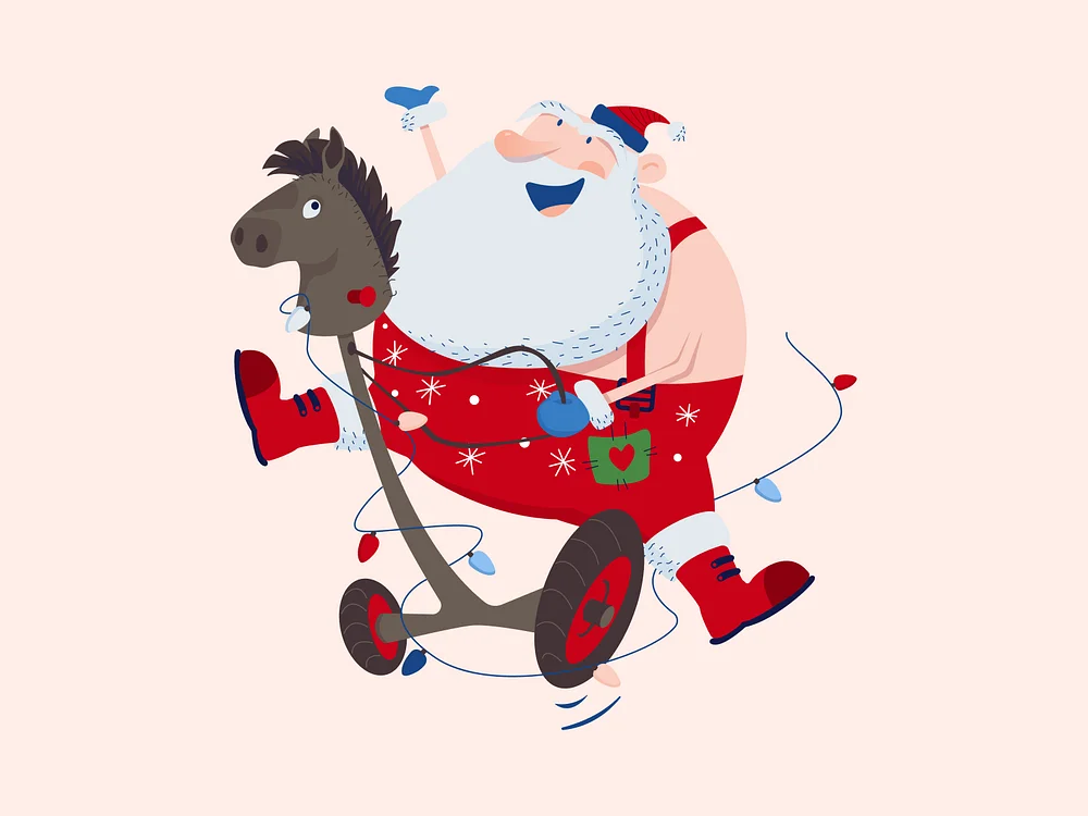 a cute Santa riding a toy reindeer stick