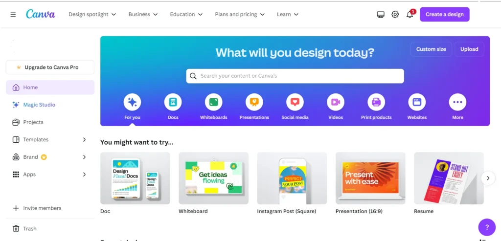 Canva website for Graphic design