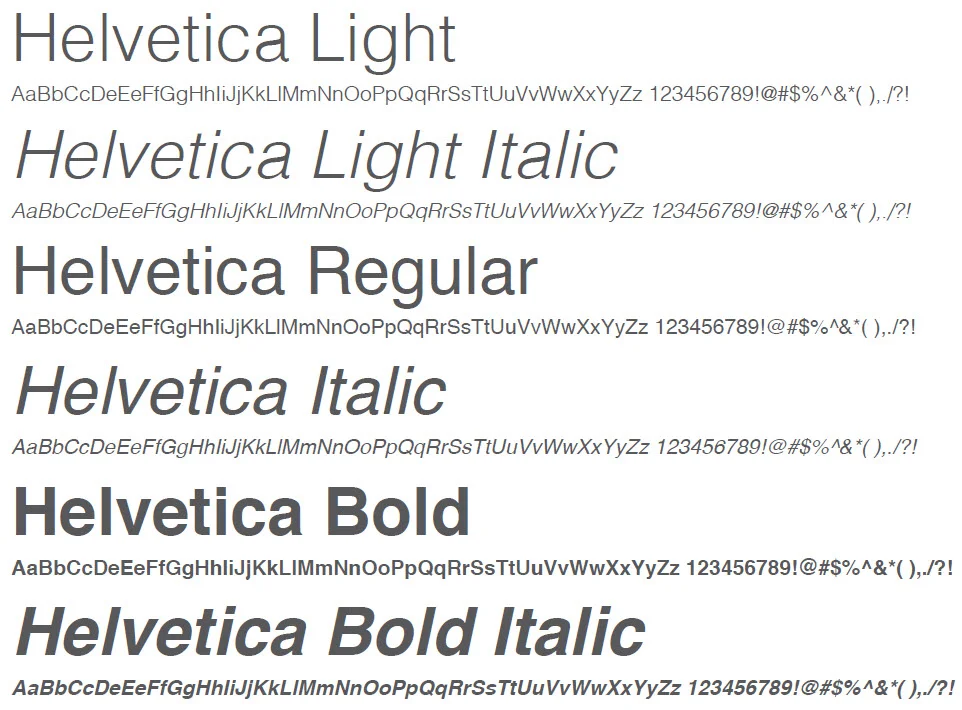 different helvetica fonts visual representation